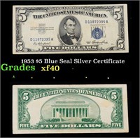 1953 $5 Blue Seal Silver Certificate Grades xf