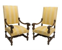 (2) FRENCH LOUIS XIV CARVED WOOD FAUTEUIL CHAIRS