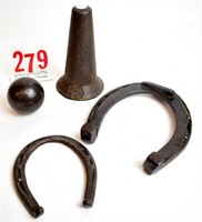 2 Horseshoes, cone 6 1/2" tall, 2 1/2" cannon ball