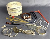 Basket of Jewerly including Hair Picks & Bracelets