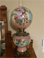Hand painted electrified double globe parlor lamp