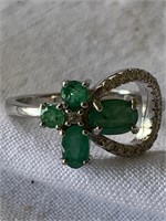 Sterling Silver Ring w/ Emeralds Sz 6.75