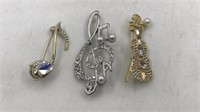 3 Music Rhinestone Pins Brooches