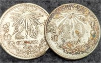 (2) Mexico Silver 20 Centavos 1940 & 42 72%