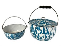 2 Blue Swirl Enamelware / Agate Pots