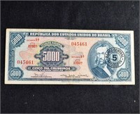 $5000 BRASIL BANK NOTE BILL Brazil Cruzeiros