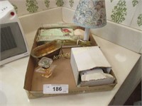 Box lot-perfume, soap, candlestick lamp with