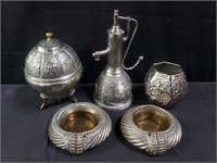 Group of assorted metal items - pewter decanter