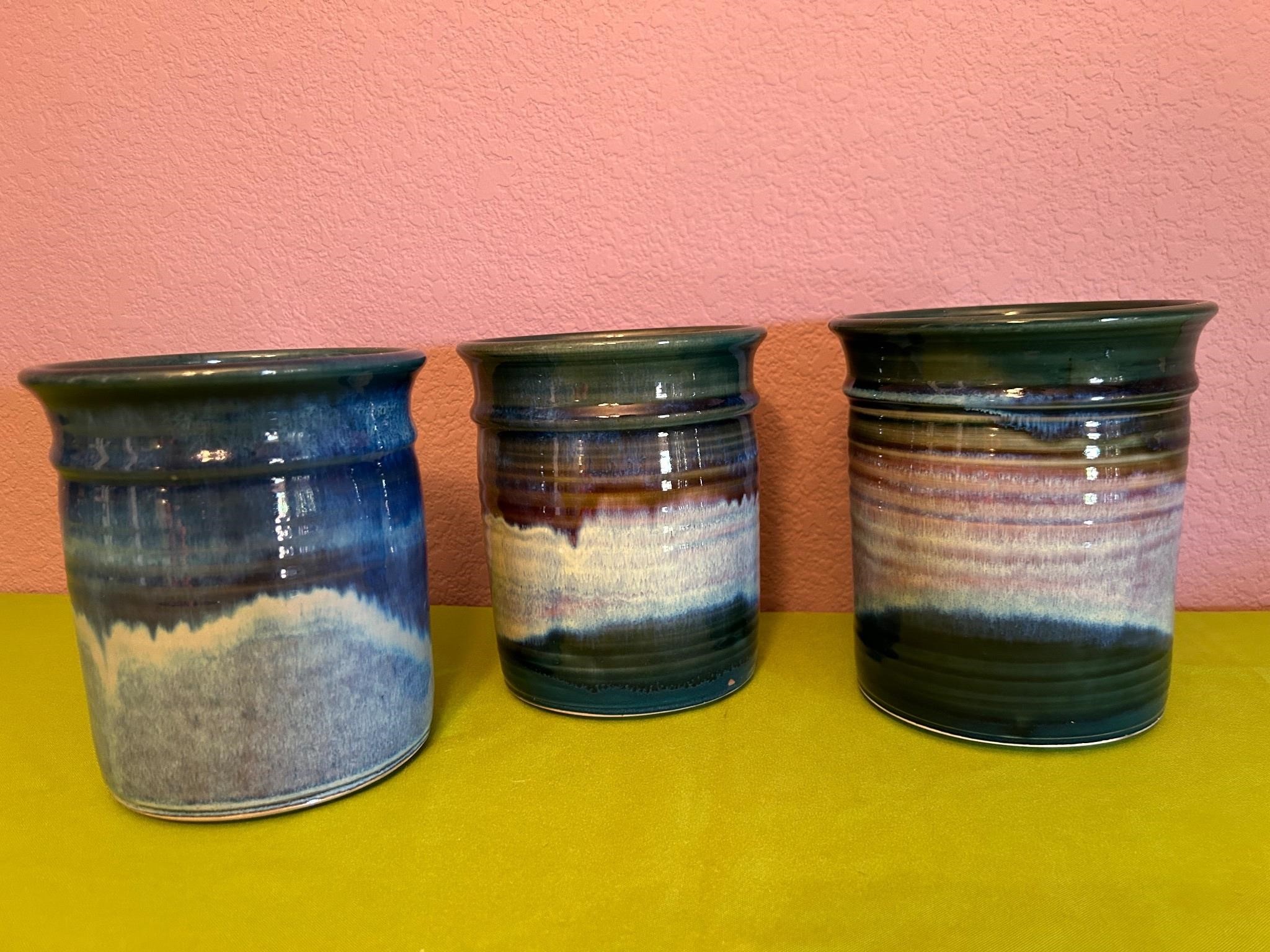 3 Glazed Pottery Canister Jars, No Lids, Signed