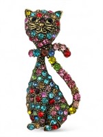 Vintage Multicolor Rhinestone Cat Brooch