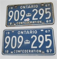 Matching pair of 1967 Ontario license plates.