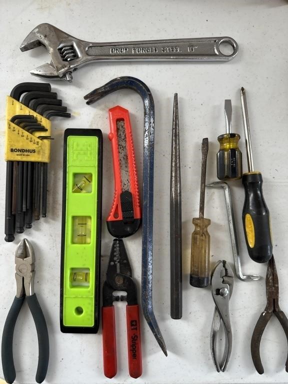 Allen wrenches, level, screwdrivers