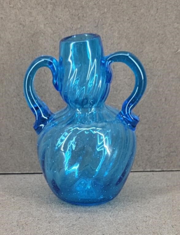 Hand Blown Blue Art Glass Vase Pitcher