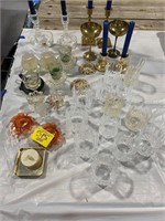 BRASS CANDLESTICKS, LARGE GROUP OF PRESSED GLASS,
