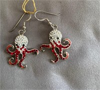 Pair of Sterling Octopus Earrings with Red Stone