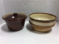 4pcs Pottery - 3 Bowls, 1 mismatched Lid