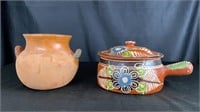 Hand Painted Mexican Pot with Lid and Plain Pot