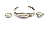 Silver Dolphin cuff bangle & two rings