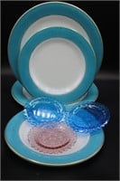 4 Pyrex Blue Banded Plates & Glass Trinket(3)