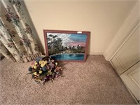 OIL PAINTING AND FLORAL ARRANGEMENT