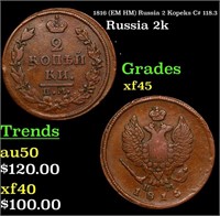 1816 (EM HM) Russia 2 Kopeks C# 118.3 Grades xf+