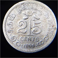 1899 Ceylon 25 Cents - 80% Silver - Low Mintage!