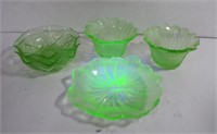 5 Assorted Vaseline Glass Serving Bowls