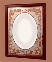 Framed WALL MIRROR with OVAL INSET & FLORAL BORDER