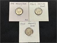 1934, 1936D & 1940 Mercury Dimes