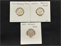 1929, 1935 & 1939D Mercury Dimes