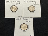 1935, 1936 & 1937D Mercury Dimes