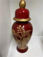 Vtg Chinoiserie Red/Gold Trim Chinese Vase 12"  k