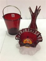 Lot of 3 Red Glassware Pieces Including
