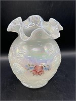 Fenton Glass White Opalescent Rose Vase Hand