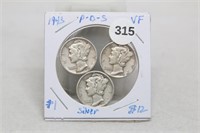 1943 P-D-S VF Silver Winged Liberty Mercury Dimes