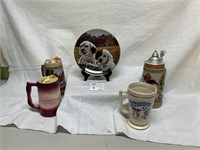 4 Budweiser Steins and Puppy Collector Plate