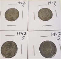 4 - 1942 S Jefferson Silver War Nickels