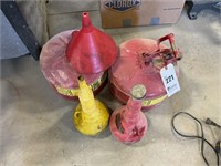 2 Steel Gas Cans, 3 Funnels