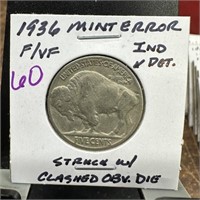 1936 BUFFALO NICKEL STRUCK W CLASHED OBV DIE