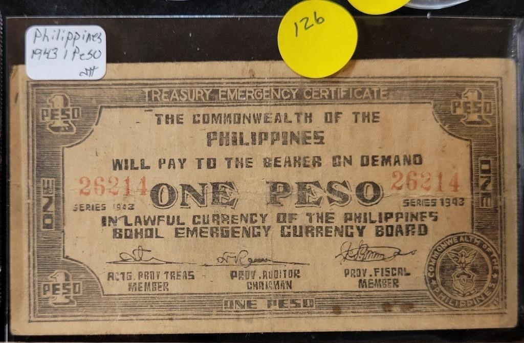 1943 PHILIPPINES 1 PESO EMERGENCY CERTIFICATE