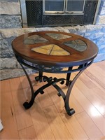 Round side table- wood, metal, stone