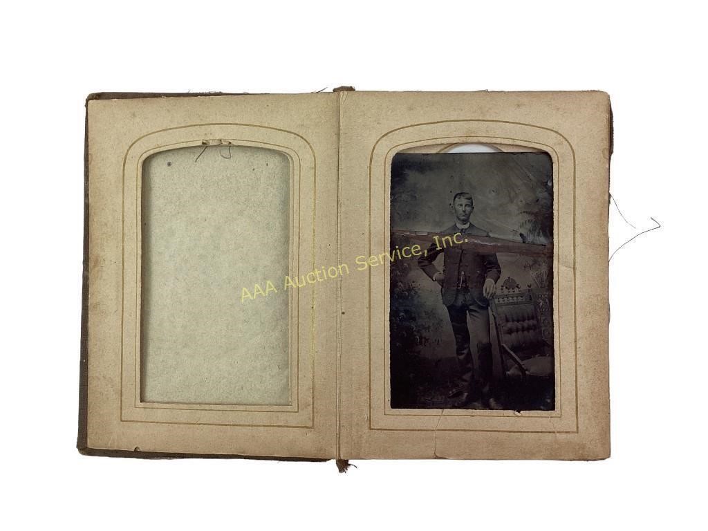 Tintype photo album book 5x3 1/2, with 1 photo.