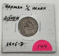 1905-D German Silver 1/2 Mark Coin