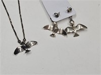 Silver Bird Necklace 17" & Earrings