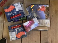 lot of christmas lights, 5 sets, 2 red, 1 blue 1