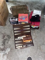 Miscellaneous games and wicker, picnic basket
