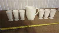 MILK GLASS PITCHER AND GLASSES