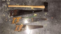 Double bladed ax, three vintage hand Saw, (326)