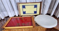 2 Glass Woodframed Serving Trays and a Tupperware
