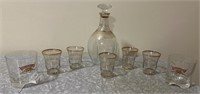 Vintage Decanter w 5 Cordial Glasses Gold Striping